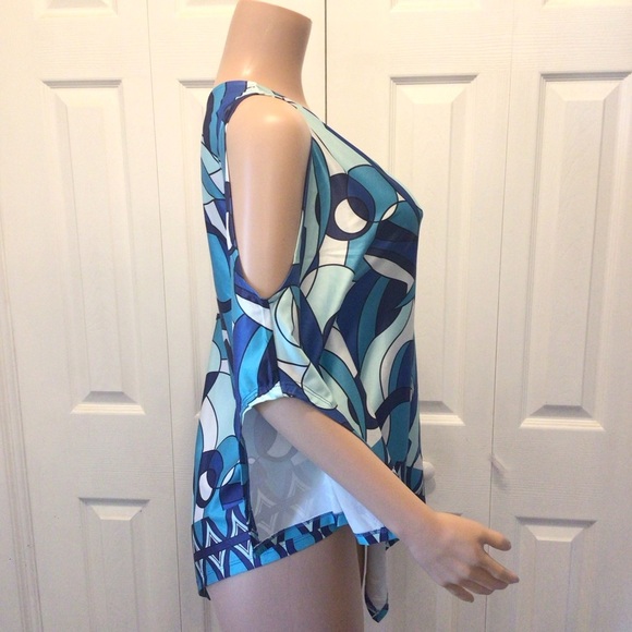 Kate & Mallory Womens Blue Geometric Print Cold Shoulder Tunic Blouse Size Med - Picture 5 of 8